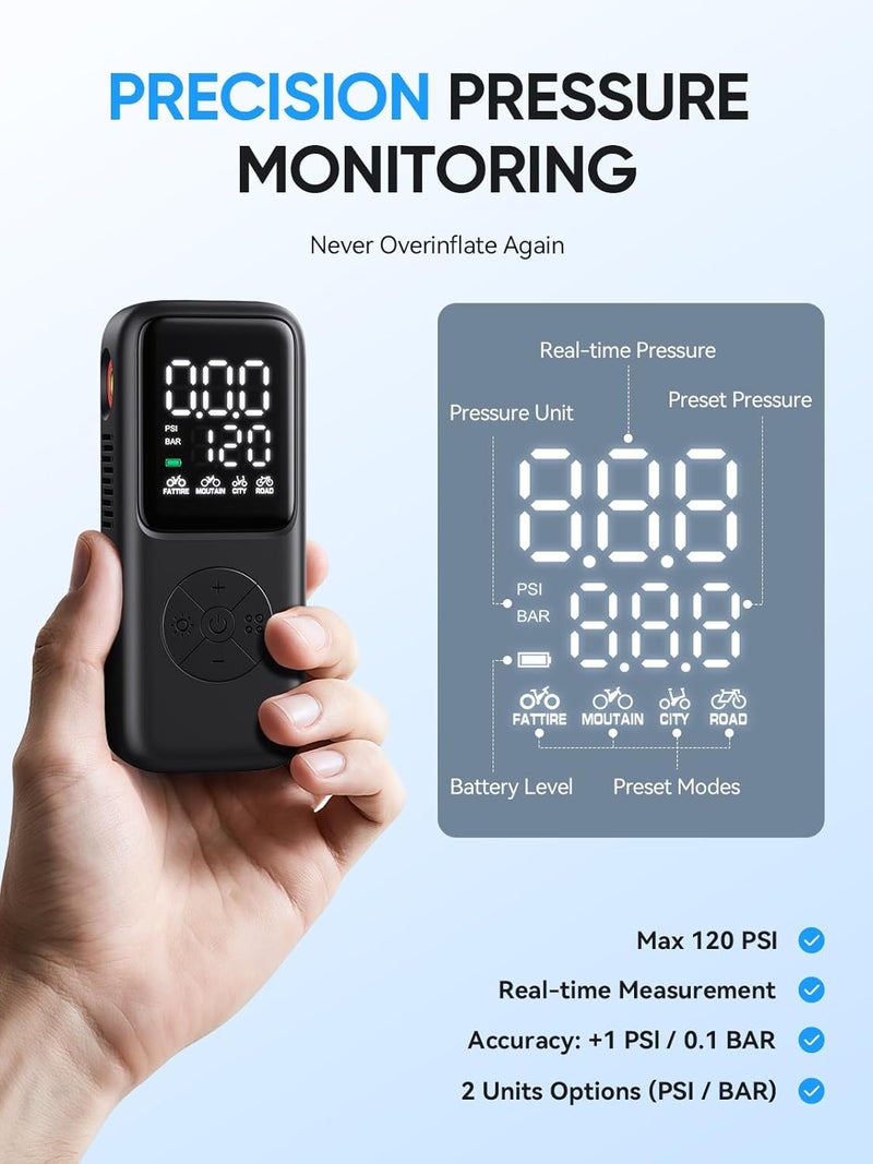 GPUTEK Mini Electric Bike Pump,120 PSI Bike Pump Portable with Guage Auto Stop, Bicycle Pump with Presta and Schrader, Bike Tire Pump Valve for Road Bicycle, Mountain Bike, E-Bike,Sports Ball - Image 4